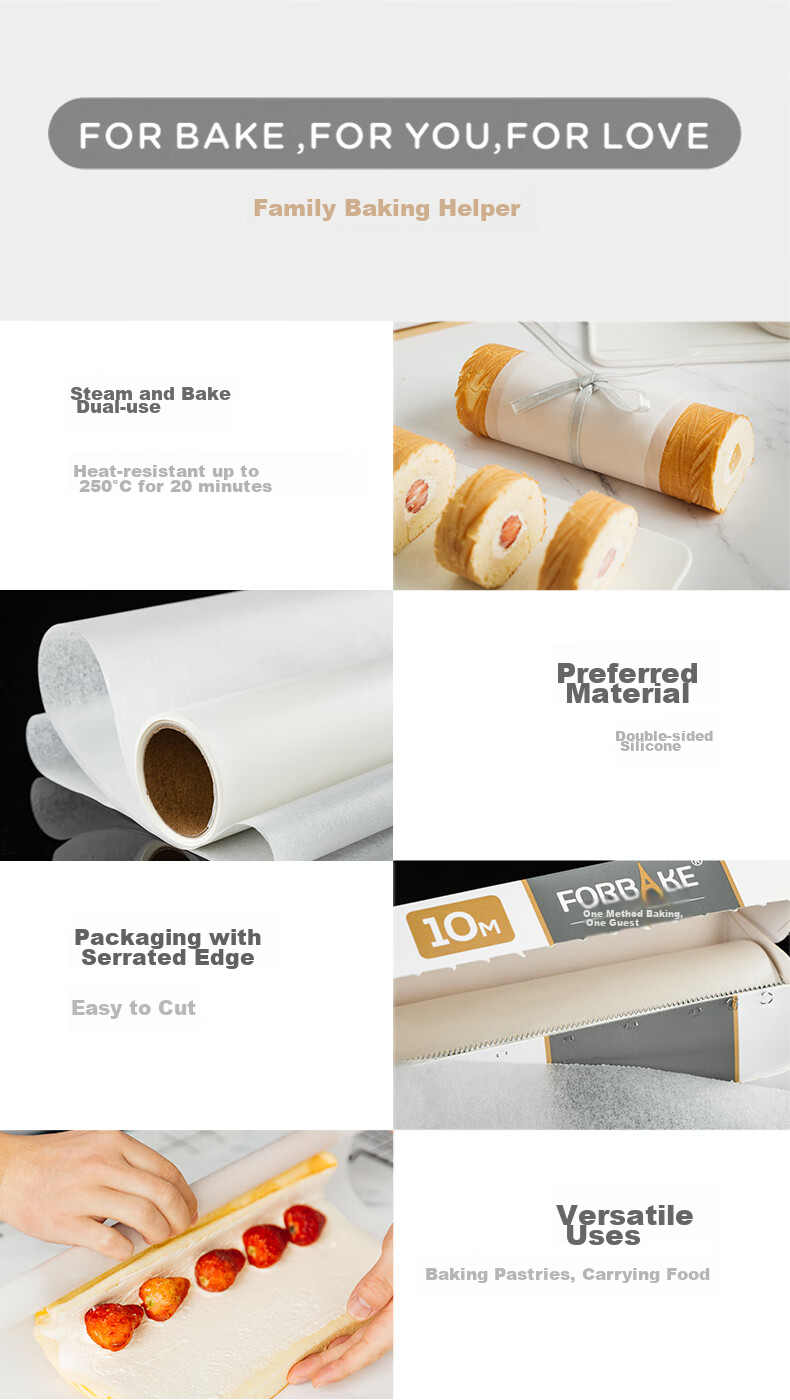 FOR BAKE Silicone Paper 20m, Barbecue Oil-Absorbing Paper, Steamer Paper, Air Fryer Paper, Oven Paper, Baking Paper, Roasting Tray Paper, 3 Rolls 6