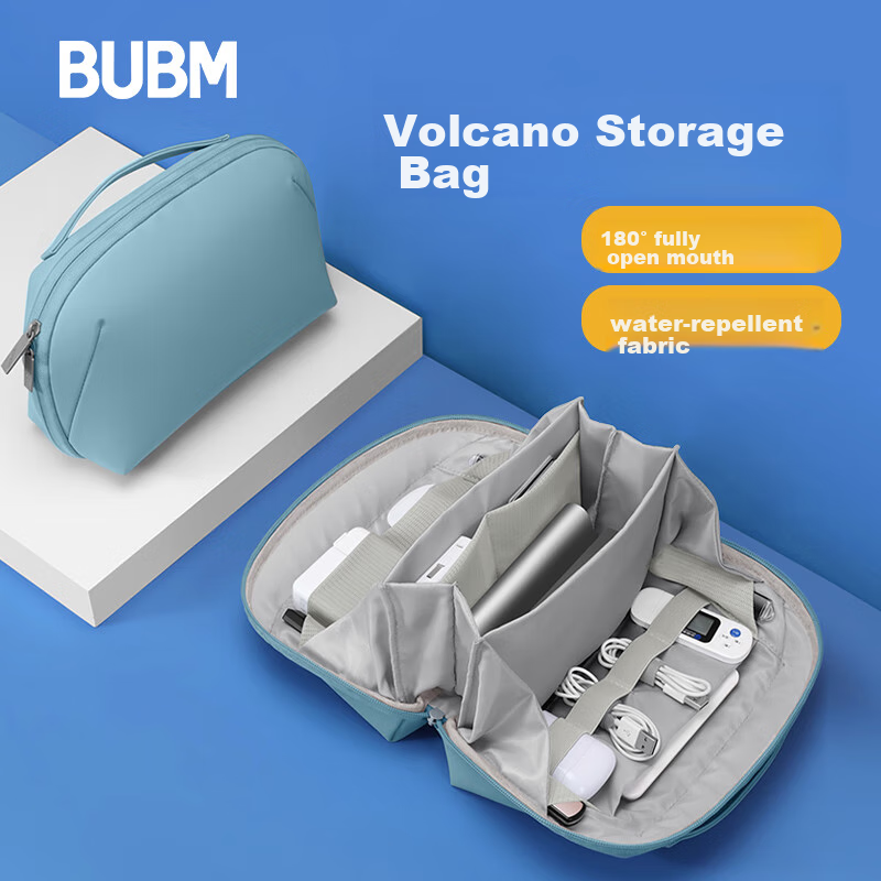 BUBM Digital Storage Bag, Portable 3C Cable, USB Drive Travel Pouch, Charging Cord Volcano Bag Storage Box, Large Size, Smog Blue