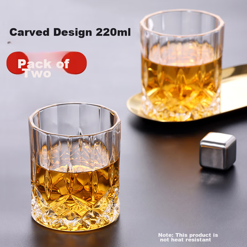 BJ Glass Whiskey Glasses, European Carved Design Liquor Cups, Wine Glasses for Home Use, Glass Cup Set, 2-Piece Set