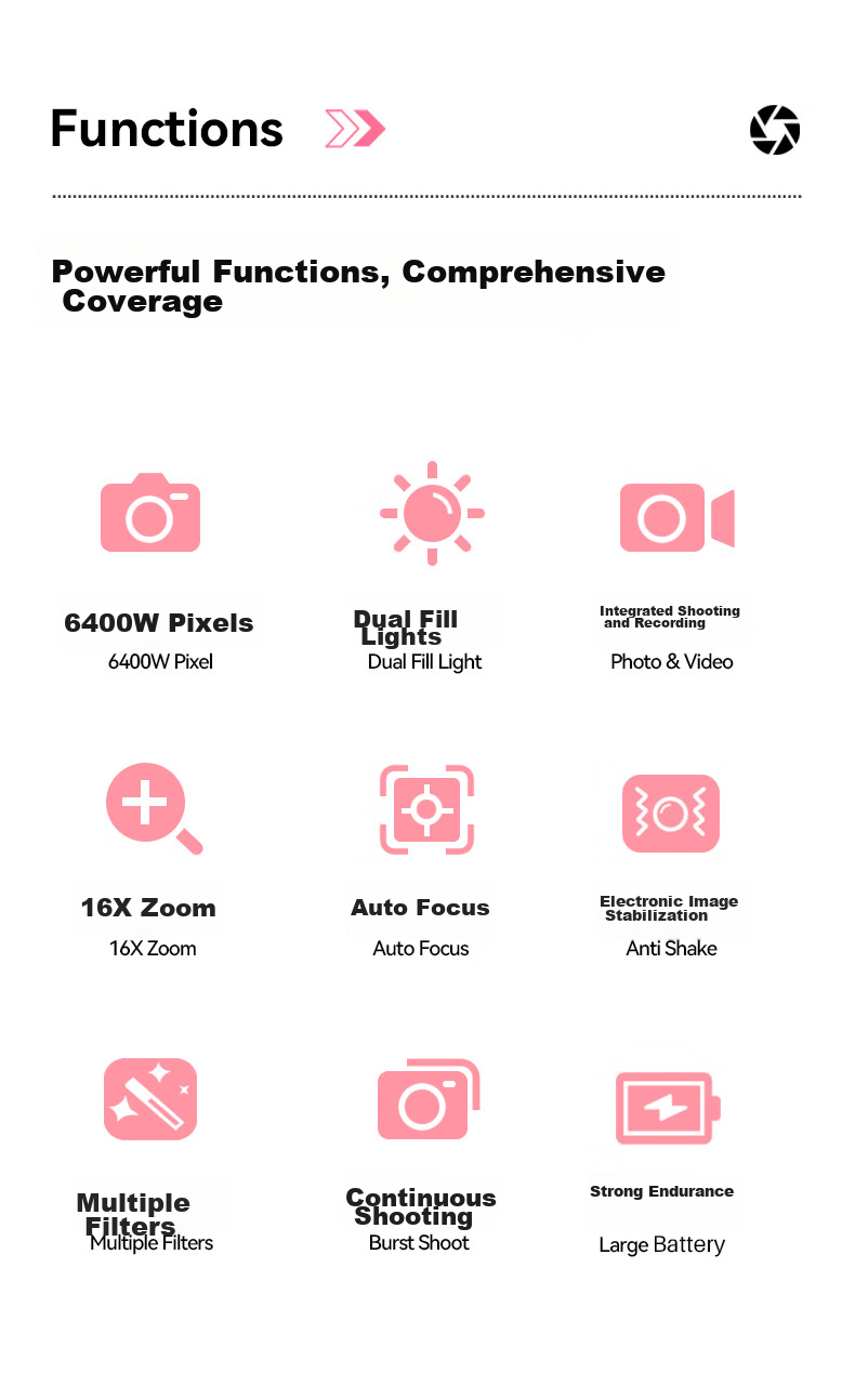 Aigo E3 Student Digital Camera, Compact Card Camera for Girls, High-Definition Campus Travel Birthday Gift Alternative, CCD Dual Rear Cameras with Selfie Function, 32GB Pink 4