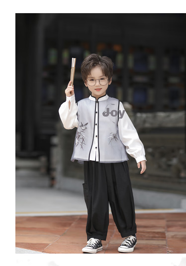 Qibo Boys' Hanfu, New Summer Style, Neo-Chinese National Style Children's Performance Costume, Bamboo Shadow Shorts (Shorts Only), Size 100 16