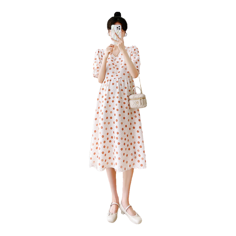 JOYNCLEON Maternity Summer Dress Lightweight Plus Size Loose Polka Dot Floral Maxi Dress Orange L Jly157192