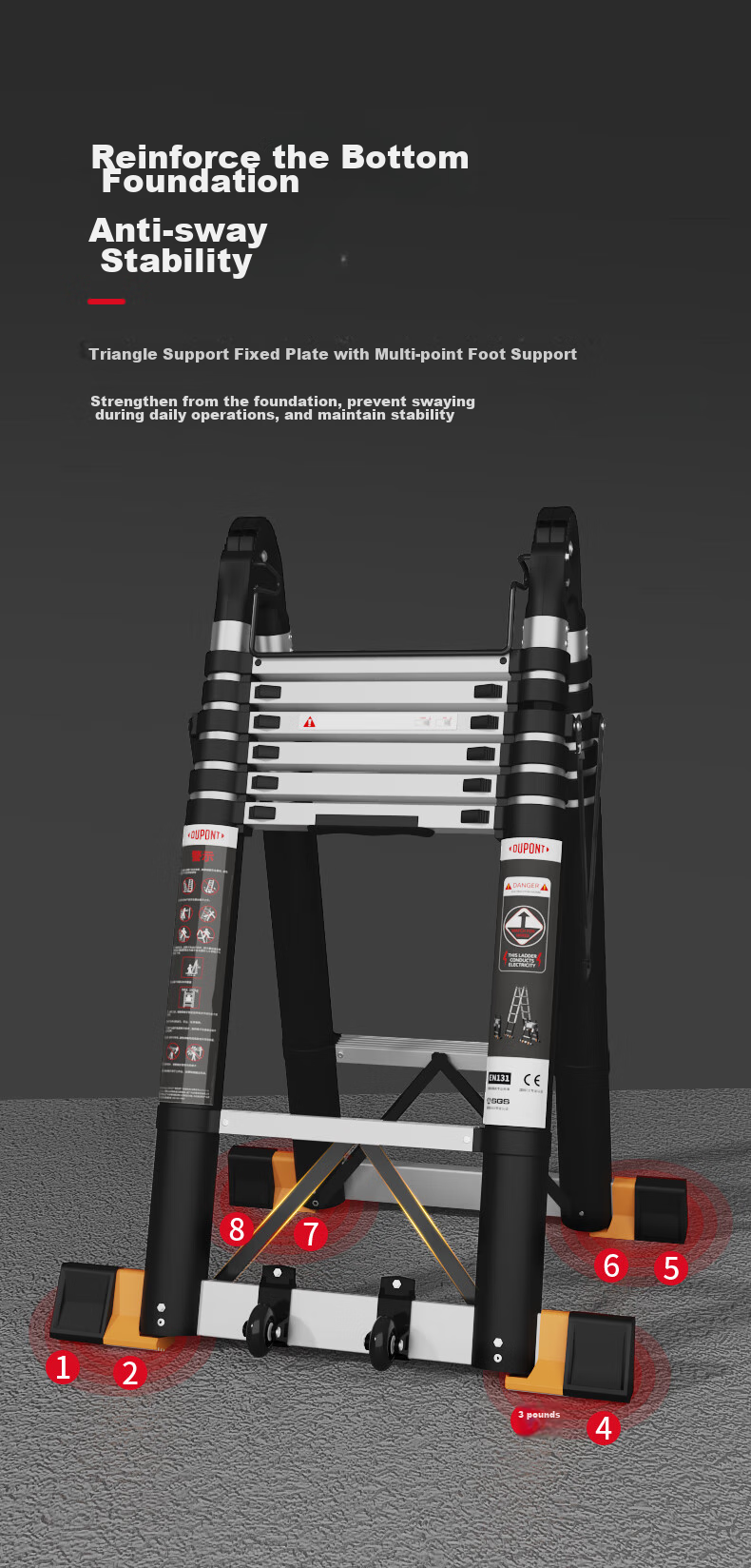 DU PONT 2nd Generation Small Cloud Ladder Household Folding Aluminum Alloy Telescopic Step Ladder 5-Step 9