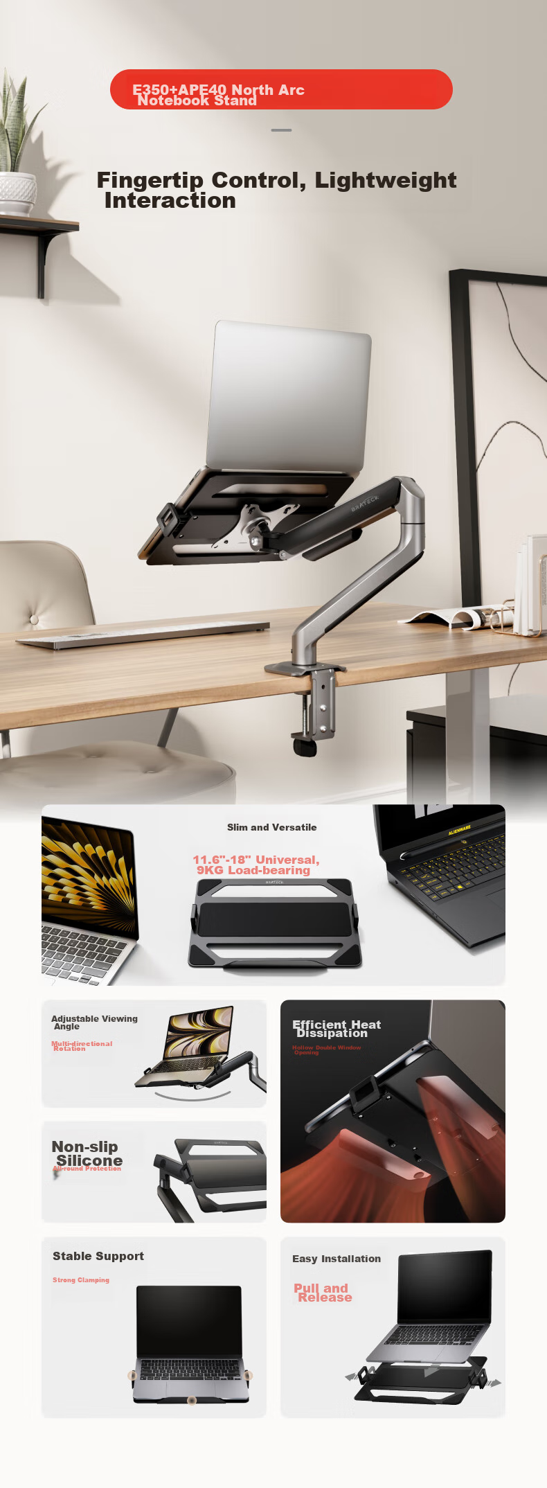 Brateck Beihu Laptop Stand, Mechanical Arm, Monitor Stand, Laptop Computer Desktop Clamp Base, Screen Riser And Heightening Bracket, E350 Gray + APE40 1