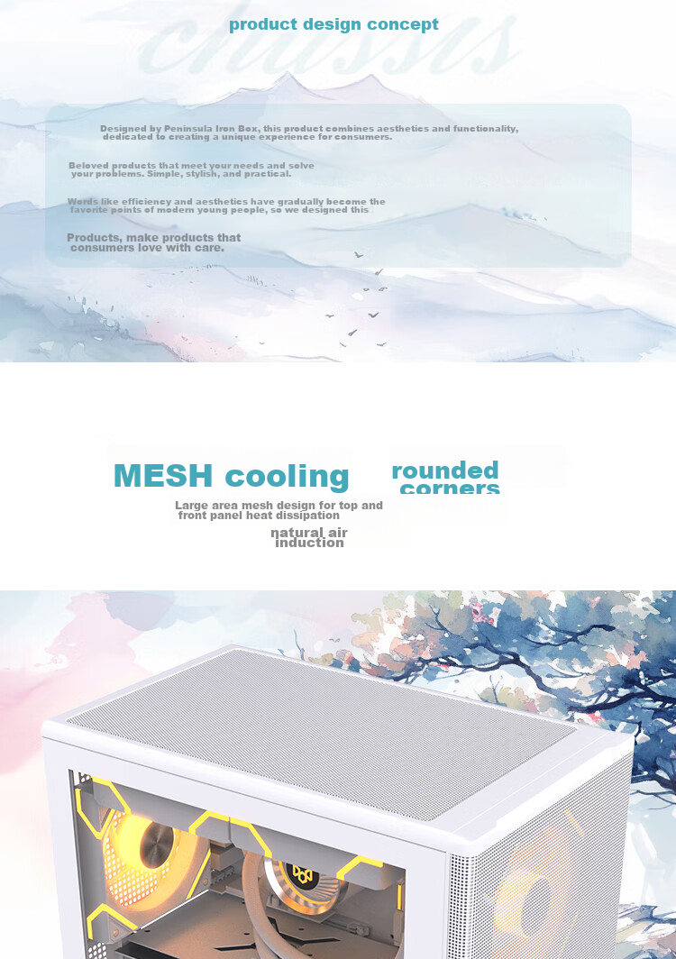 PADO Style 4 White Desktop Small Case with Glass Side Panel, Mesh Ventilation, Supports M-ATX Motherboard, Top 240mm Water Cooling 3