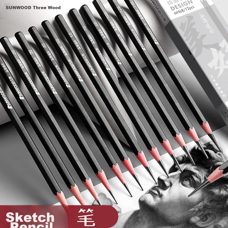 SUNWOOD Beginner's Sketching Pencils Mixed Set for Art Students, B/HB/2B/4B/6B/8B Each Two Pencils MH68