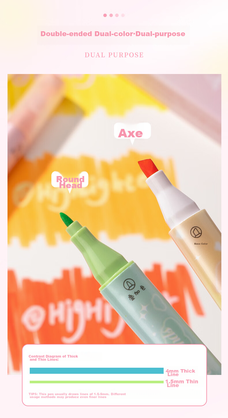 Kabaxiong Highlighters, Stackable, 6-Pack, High-Quality Student Marker Pens, Dual-Tip Non-Smear Journal Markers, Colorful Pens, American Retro Style 7