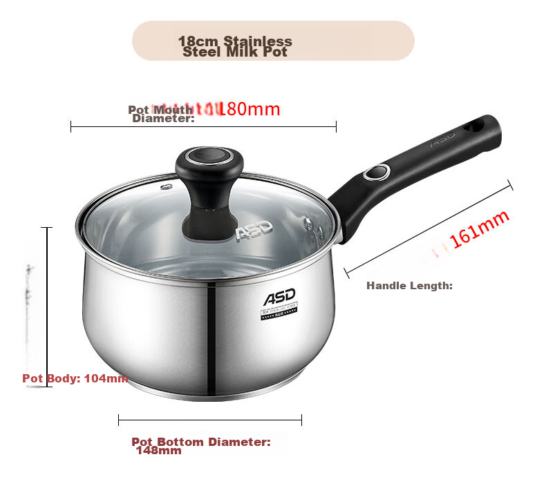 ASD Milk Pot, 304 Stainless Steel, 16CM, Baby Food Pot, Compatible with Induction And Gas Stoves, Soup Pot, NS16B1WG 14
