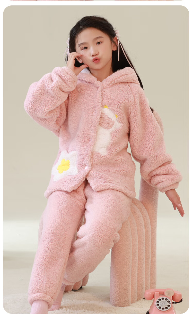MiiOW Coral Fleece Children's Pajamas, Girls' Set, Thick Flannel Pink Hooded Loungewear, New Style 2024, 130cm 6