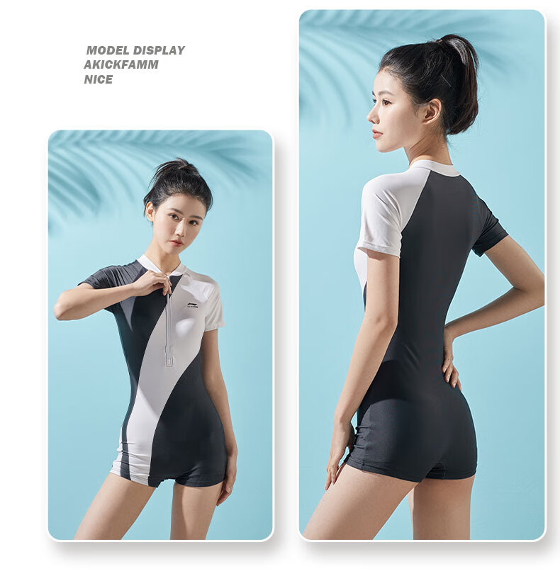 Li-Ning One-Piece Swimsuit for Women, Boyshort Style, Body-Shaping, Waist-Cinching, Contrasting Colors, High-Elasticity, Breathable, Hot Spring Resort Swimwear, 028 Black And White, Size L 12