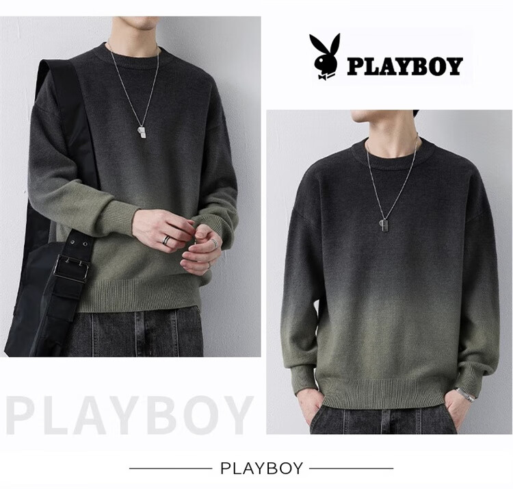 PLAYBOY Men's Crew Neck Sweater Autumn Winter Knitwear Jacket Blue and White 3XL 3