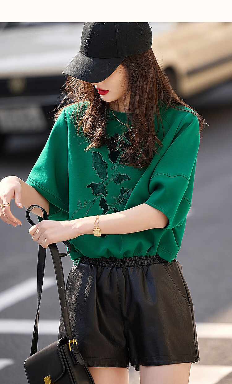 Dme Floral Embroidered Spring And Autumn Round Neck Air Layer Three-Quarter Sleeve Elastic Loose Sweatshirt Women's Top, Cyan Green, L 16