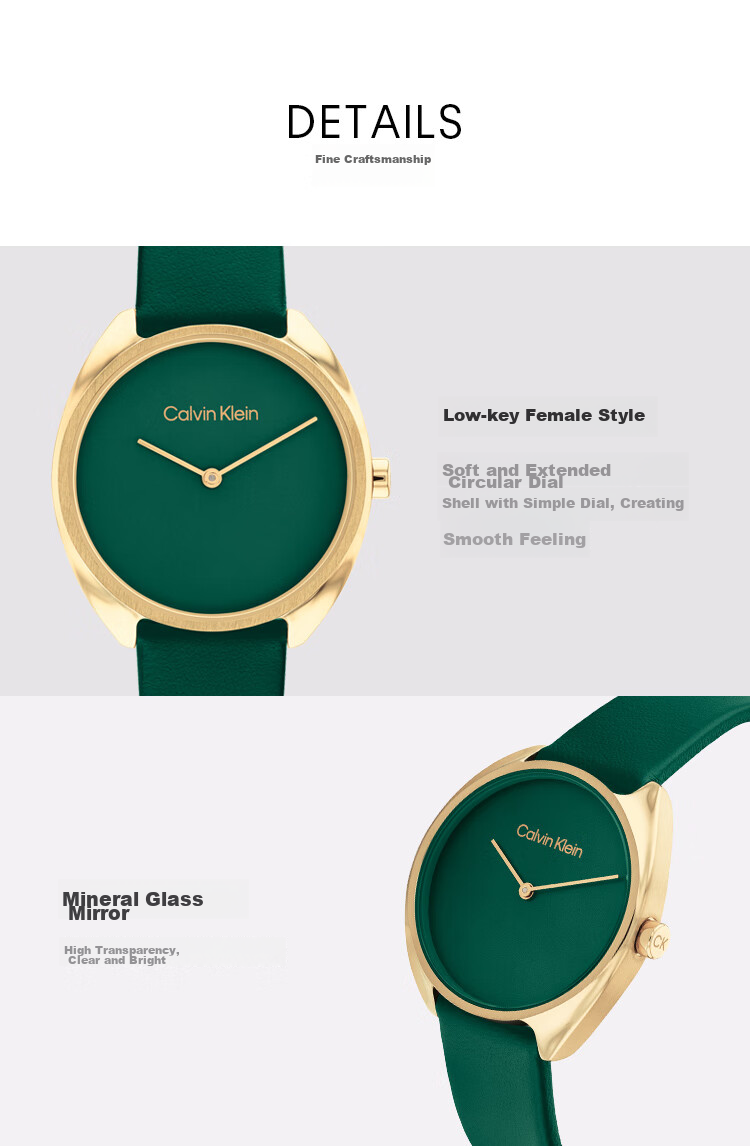 Calvin Klein CK Watch Pure Style Retro Small Green Dial Strap Women's Wristwatch, Goddess Day New Year Gift 25200273 4