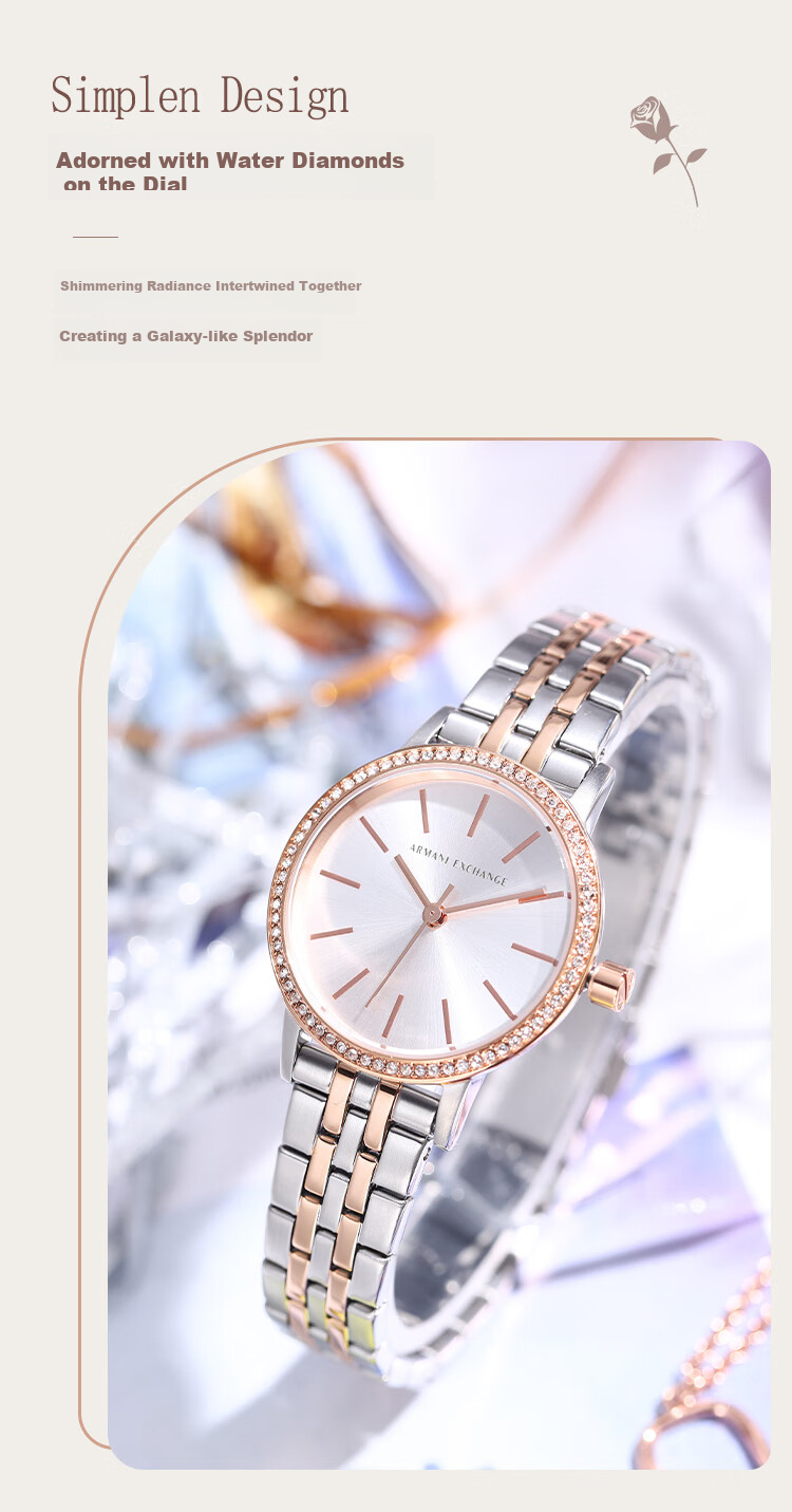 ARMANI EXCHANGE Women's Steel Strap Watch with Diamond Accents, Quartz Movement, Western-Style Wristwatch, Birthday Gift for Girls, AX5542 5