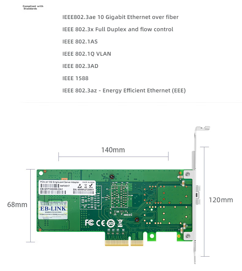 EB-LINK Intel 82599 Chip PCI-E X4, 10 Gigabit Single-Port Fiber Optic Network Card, X520-DA1, SFP+ Server Network Adapter, E10G41BF 16
