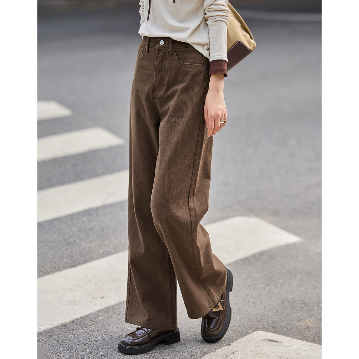 Dme [Retro Coffee Long Pants] Winter Versatile Retro Casual Light Version Jeans for Wome