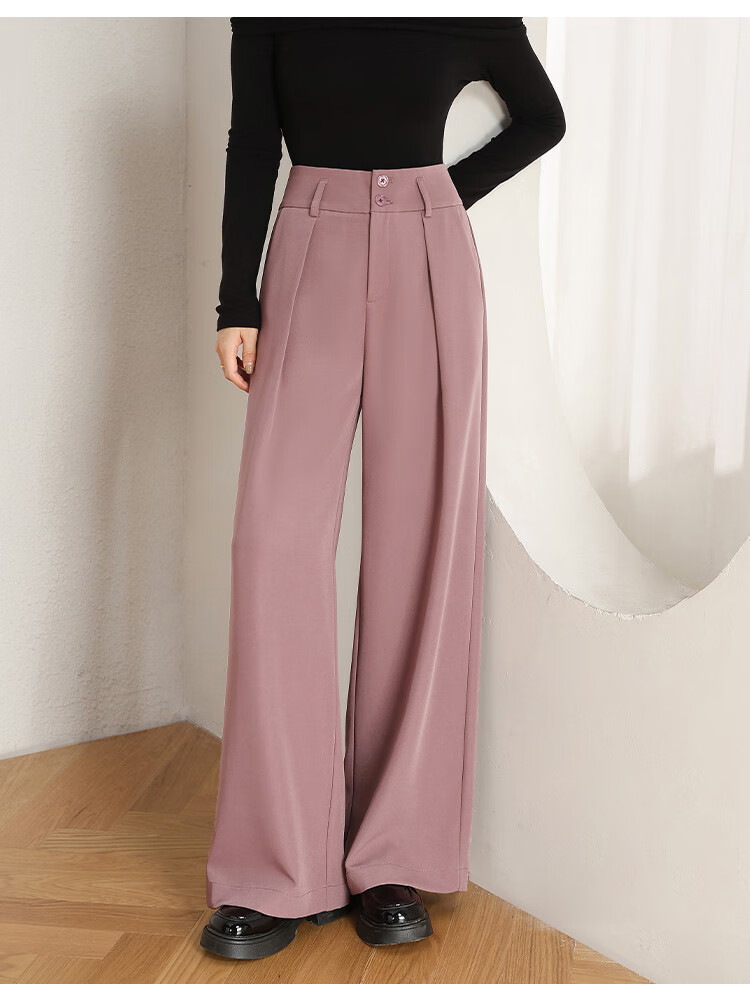 Dme Leg-Lengthening Wide Waist Pleated Design Solid Color Versatile Suit Pants for Women Wide-Leg Trousers Autumn Purple-Red M 12