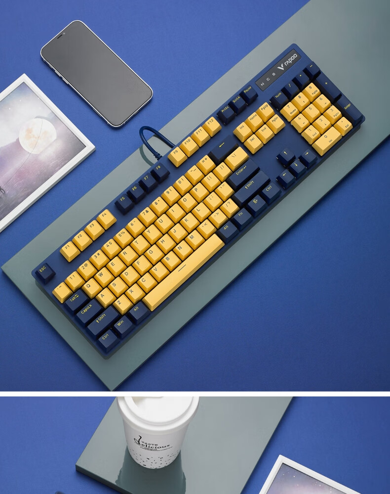雷柏(rapoo) v500pro黄蓝版 有线机械键盘 游戏键盘 办公键盘 pbt双色