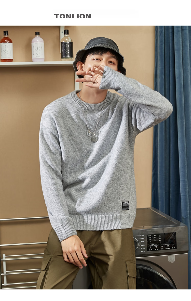 TonLion 2022 Men's Sweater, Solid Color Basic Versatile Base Layer Round Neck Knit Sweater for Men, Flax Gray, S 1