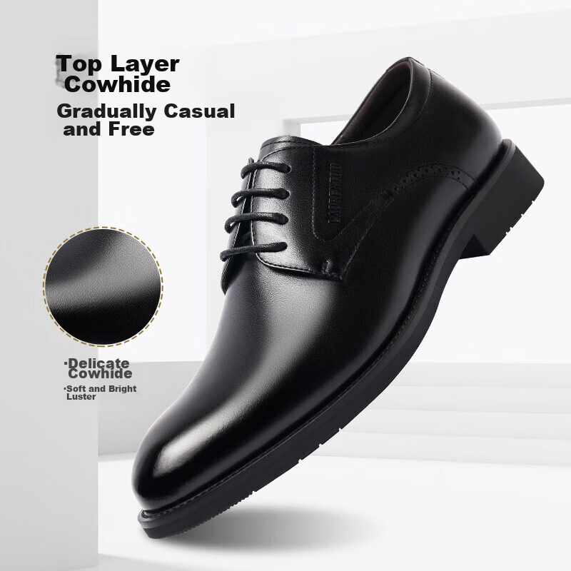 LAORENTOU Men's Leather Shoes, Business Formal Shoes, Top-Grain Leather, Breathable, Wear-Resistant, Non-Slip, Dad Shoes, 160208 Black, Size 38