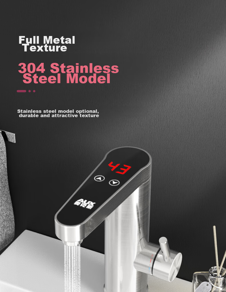 AUX Electric Water Heater Faucet, Bathroom Sink Hot And Cold Dual-Use Smart Digital Display Fast Heating Kitchen Treasure Instant Electric Water Heater, Bottom Water Inlet WT1X3 Stainless Steel Body 9