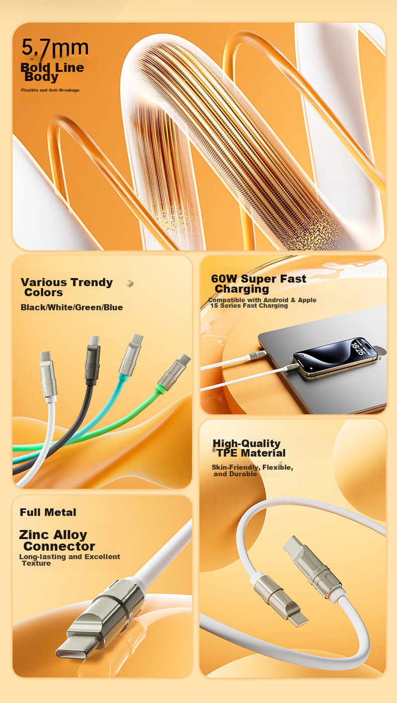 BIAZE Dual-Head Type-C Charging Cable PD60W Compatible with Apple IPhone 18 Pro Max 17/16/15, Huawei, Xiaomi, Android Phones, Fast Charging Data Cable for Tablets, 1.5 Meters 2