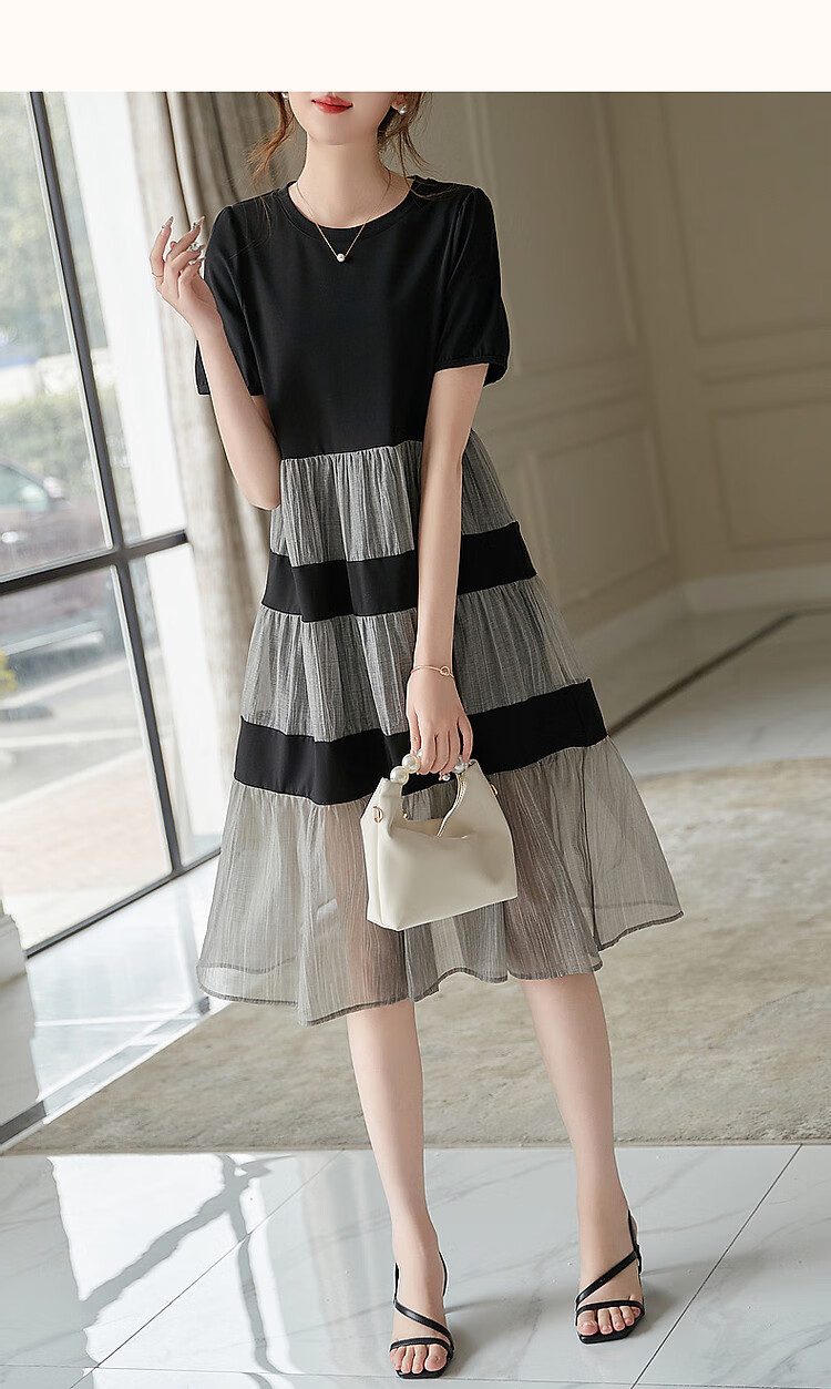 Dme [Sophisticated Sister Dress] Summer Commute Round Neck Roman Cotton Petite Umbrella Skirt Knitted Dress Women's Mid-Length 12