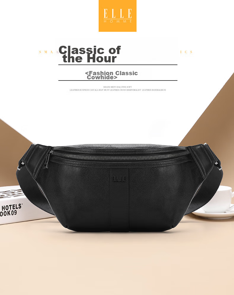 ELLE HOMME Fashionable Men's Chest Bag, Casual Top-Grain Leather Shoulder Crossbody Bag, Trendy Waist Pack 04470 Black 1