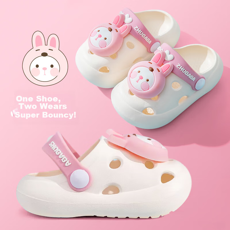 Zhubaba Children's Slippers, Girls' And Boys' Summer Indoor Non-Slip, Bath And Beach Sandals, Little Rabbit Clogs, Off-White, Size 190