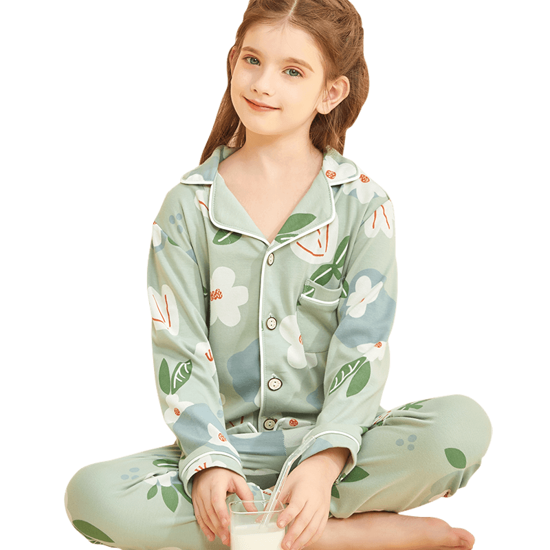 LangSha Children's Pajamas for Girls, Lightweight Four-Season Pure Cotton Lapel Loungewear Set for Teenage Girls And Toddlers with Long Sleeves