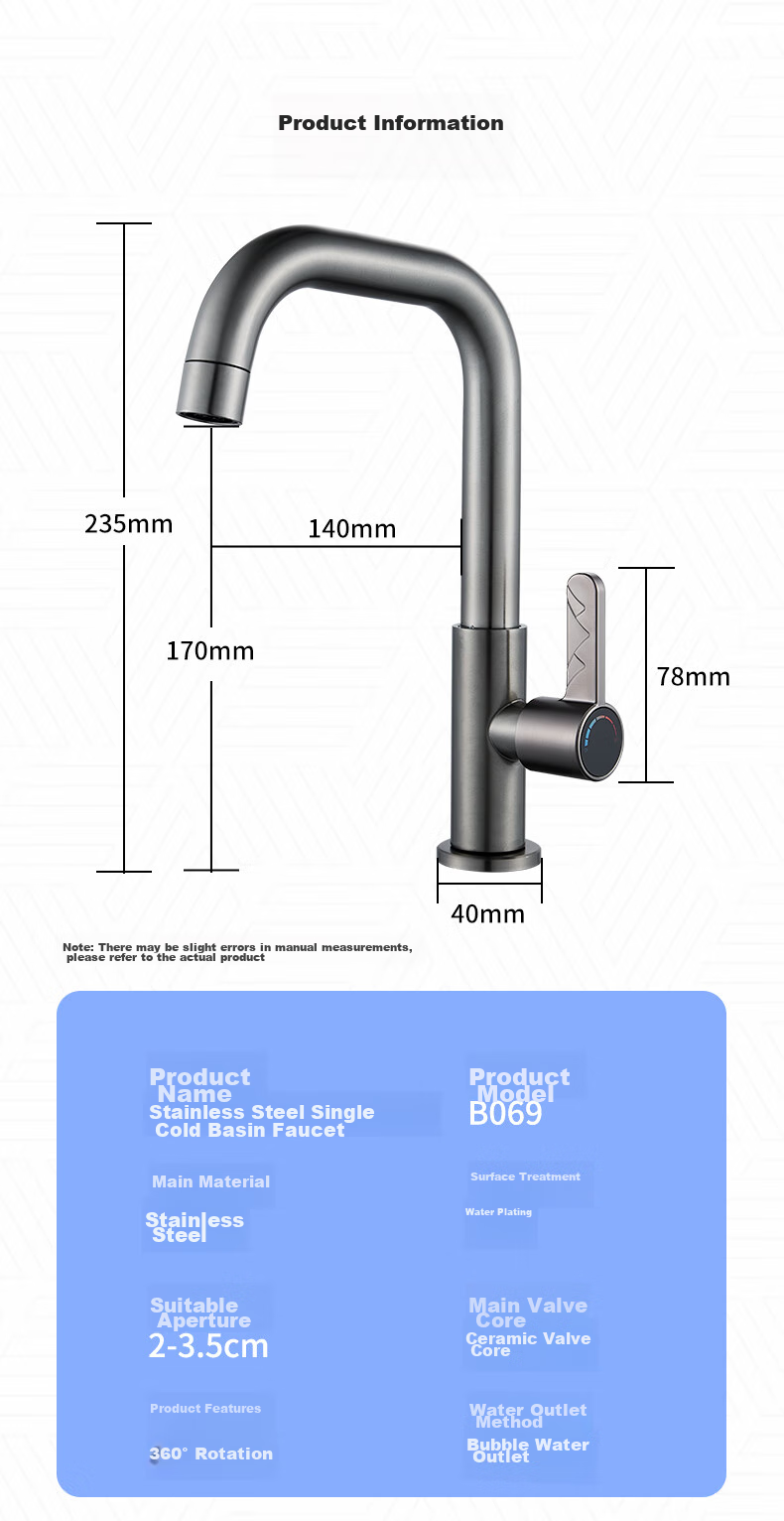 BSITN Basin Faucet, Stainless Steel Cold Water Tap, 7-Shaped Bathroom Cabinet Faucet, B069 11