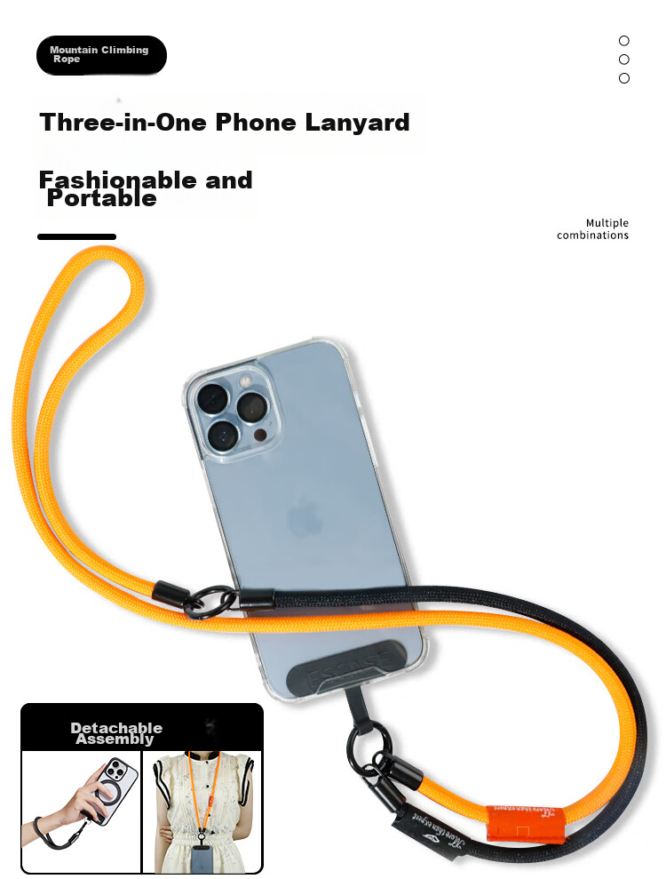 ESCASE Phone Lanyard Three-In Multifunctional Compatible with Apple 17 Air Crossbody Wrist Strap Neck Strap Adjustable Anti-Loss Phone Case Durable Long Orange + Black 1