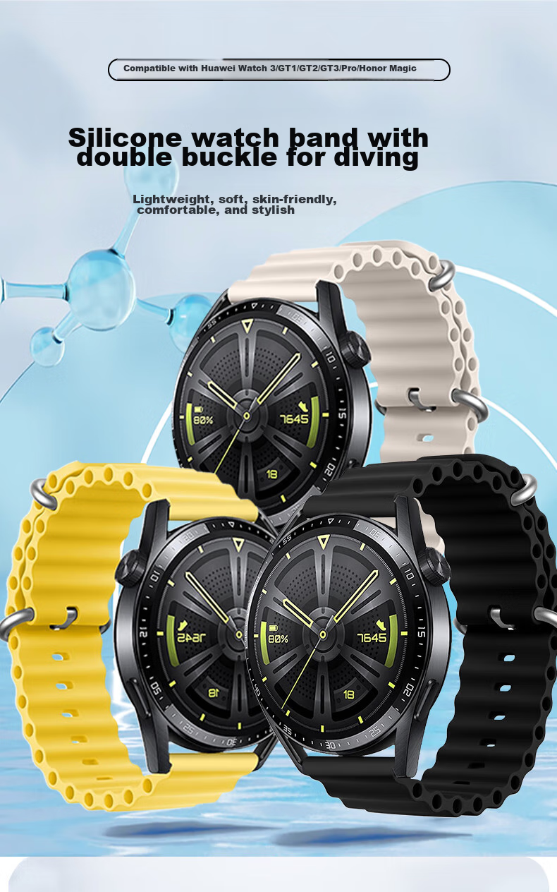 ESCASE Huawei Watch Strap for Watch3/3Pro/GT4/4Pro/GT3/3Pro/GT2/Runner/Buds Smart Sports Silicone Ocean Version, 46mm Black 1