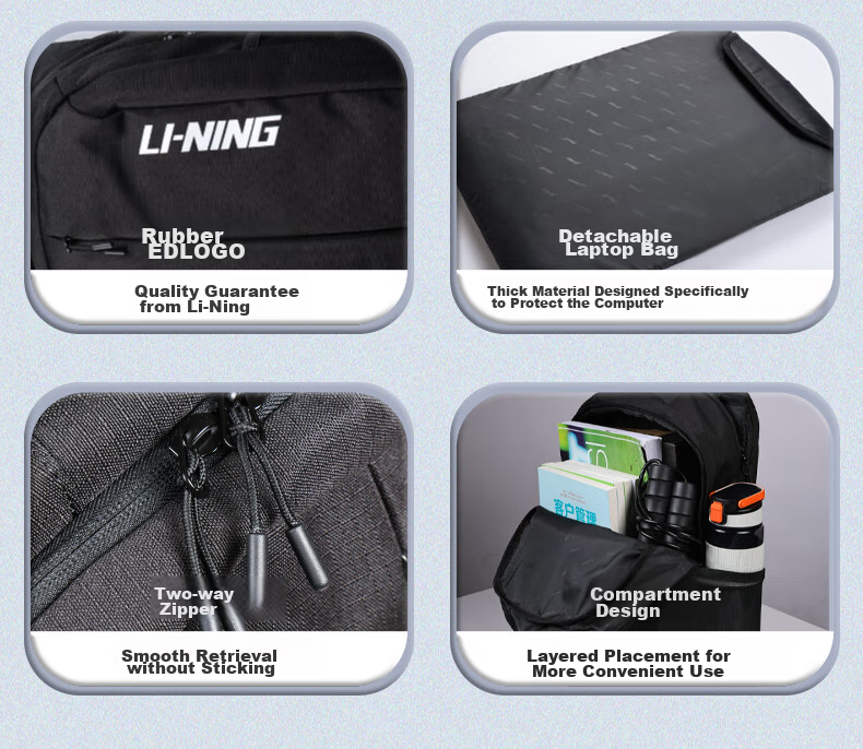 Li-Ning Backpack, High School Student Backpack, Unisex Shoulder Bag, Middle School Laptop Bag, Outdoor Travel Bag, Large Capacity Hiking Backpack, Black 5