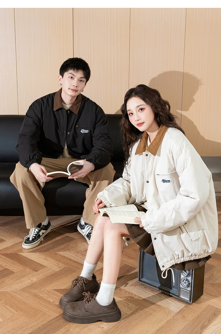 TonLion 2024 Couple's Cotton Coat, Lapel Corduroy Contrasting Color Men's And Women's Cotton Jacket, Men's Style/black, M 7