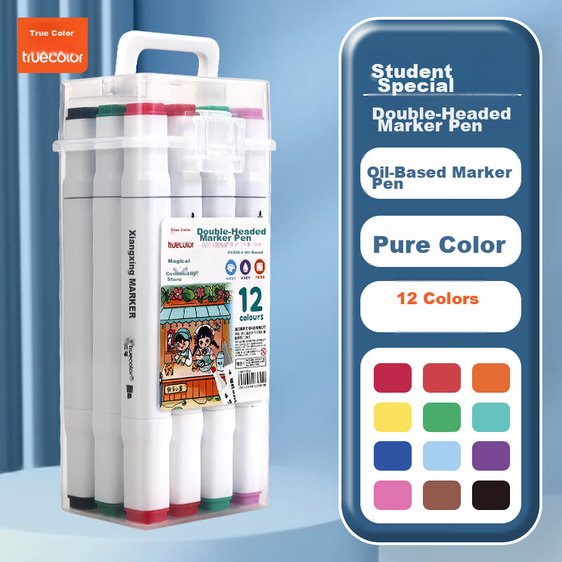 TRUECOLOR 12-Color Dual-Tip Alcohol-Based Quick-Drying Oil-Based Markers Watercolor Pens for Elementary School Students Children's Hand-Drawn Anime Design Art Drawing Set Bucket-Packed ZC632 Watercolor Pens