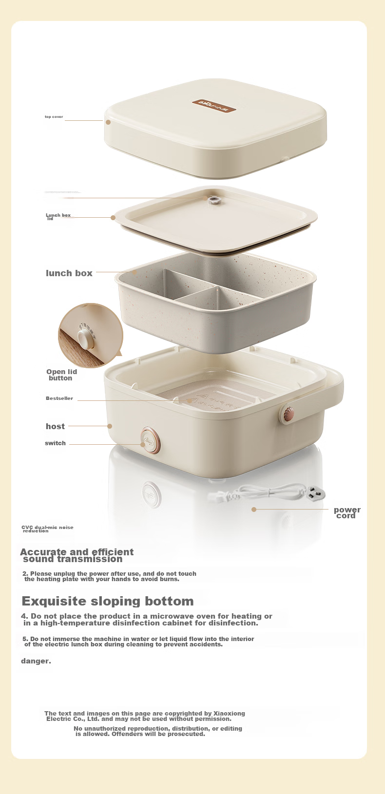 Bear Electric Food Warmer, Heating Lunch Box, Insulated Food Container, 1.0L Waterless Portable Low-Noise Constant Temperature Non-Stick Inner Pot Divided Lunch Box DFH-D10Q1 13