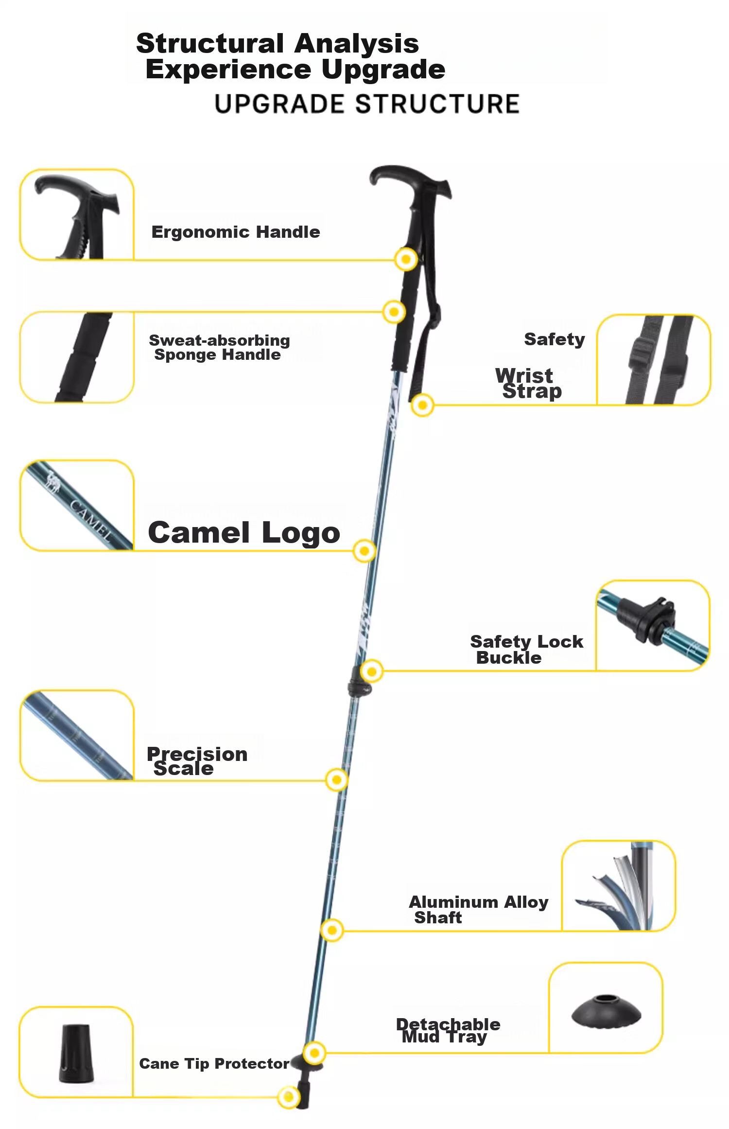 CAMEL Trekking Pole, Aluminum Alloy, Lightweight, Telescopic, Foldable, Hiking Stick, Anti-Slip Walking Cane for Elderly, Climbing Pole, 4673 4