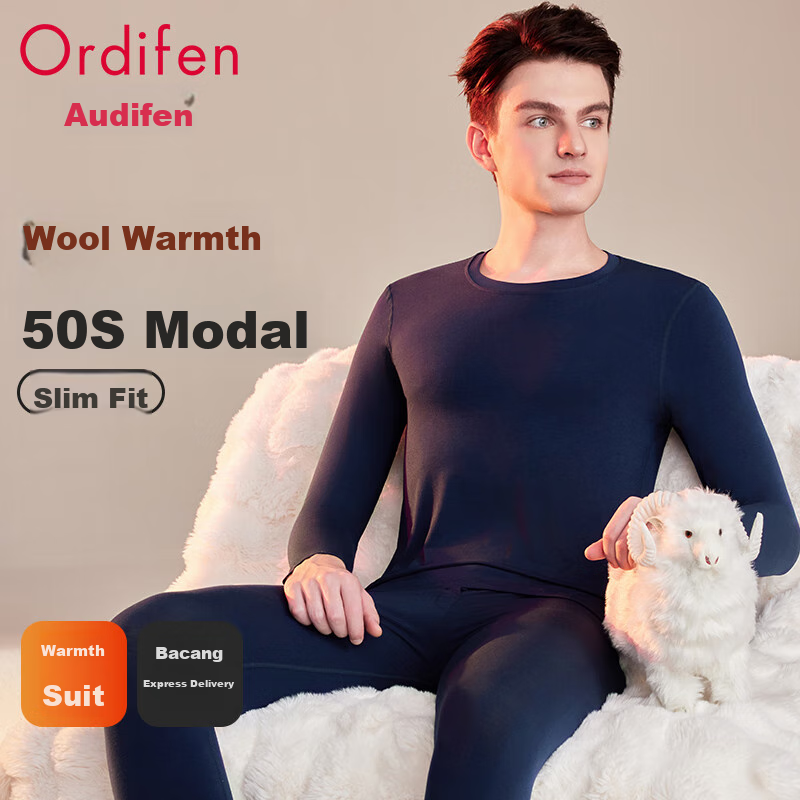 Ordifen [Wool Modal Set] Men's Thermal Underwear, Winter Round Neck Top And Pants, Seamless Navy Blue, Size L
