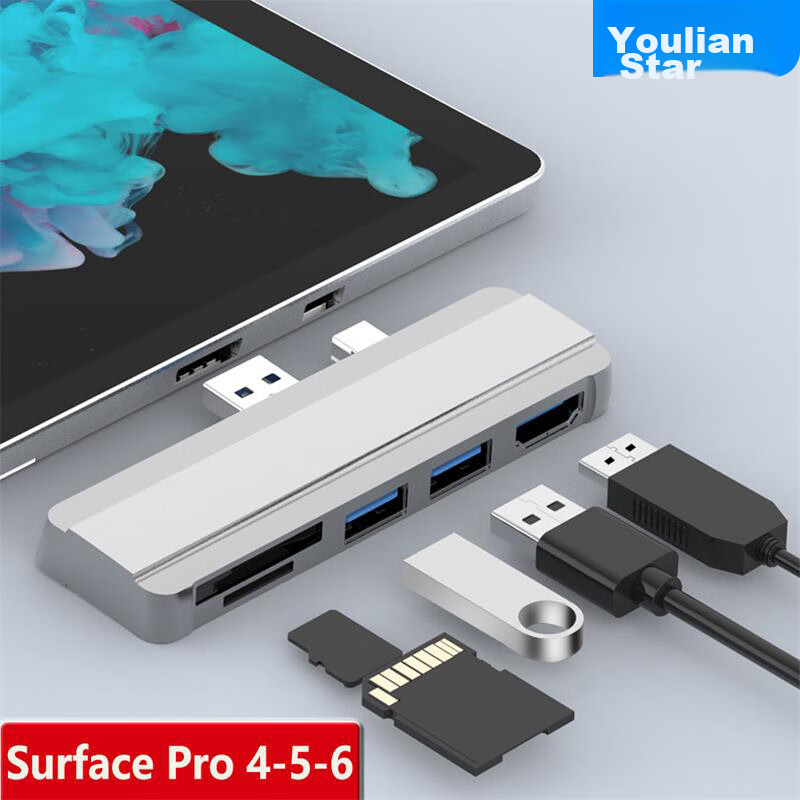 Youlianxing Microsoft Surface Pro4/5/6 Docking Station, High-Speed USB3.0 Converter, HDMI HD 4K Expansion Dock for SD/TF Cards, Silver, YXL-SUR002