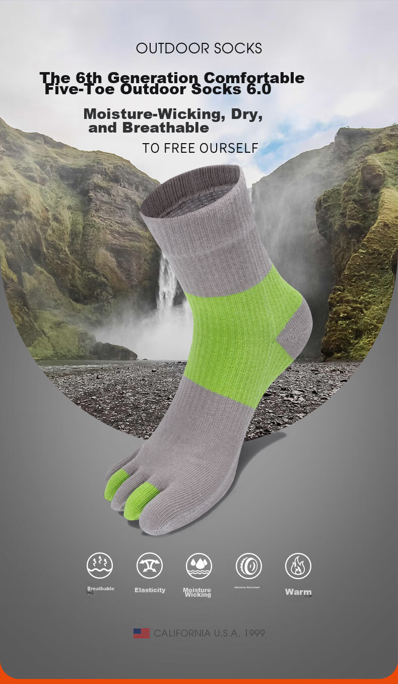 TFO Competition-Grade Five-Toe Outdoor Socks, Breathable Sports Socks, Hiking And Mountaineering Socks 2202423, Men's Gray-Green Color 2