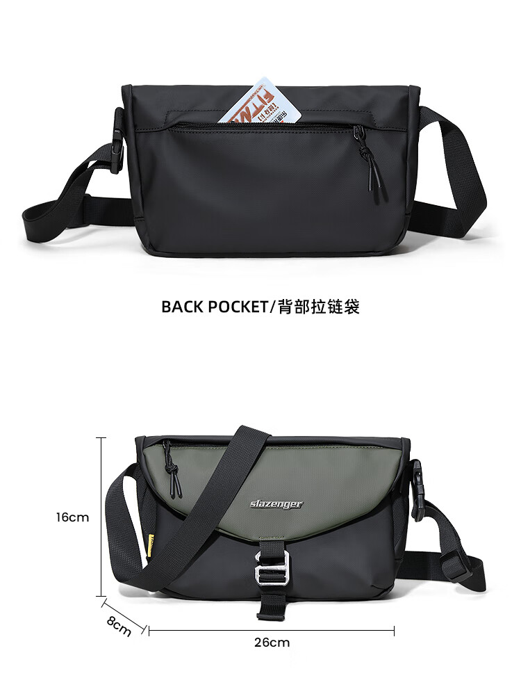 Slazenger Trendy Leather Functional Contrasting Color Men's Small Bag Fashionable Shoulder Crossbody Bag Lightweight Sports Messenger Bag for Men, Black And Gree 4