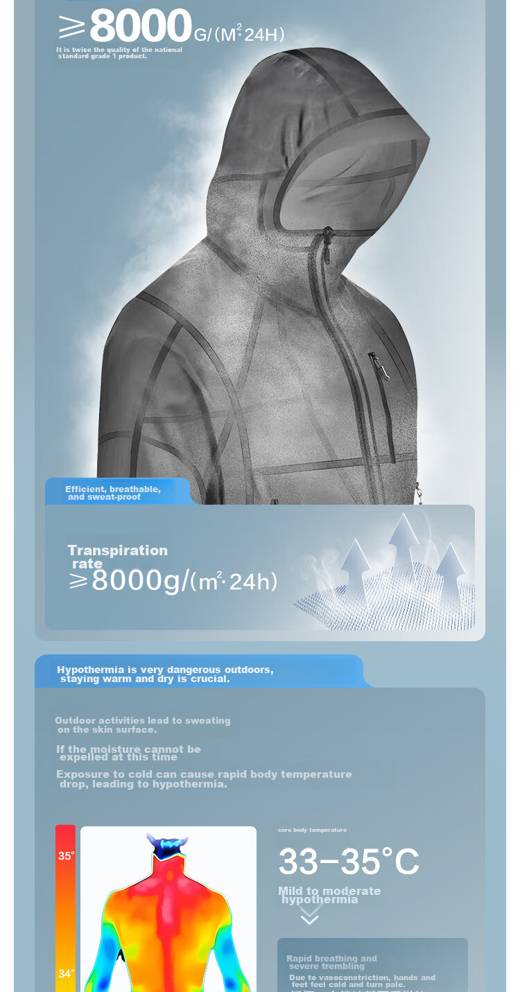 JD Original Chamois 700 Spring Outdoor Jacket, Elastic Hard Shell Coat for Men And Women, Triple Protection, Single Layer, Glacier Gray, Size S 9