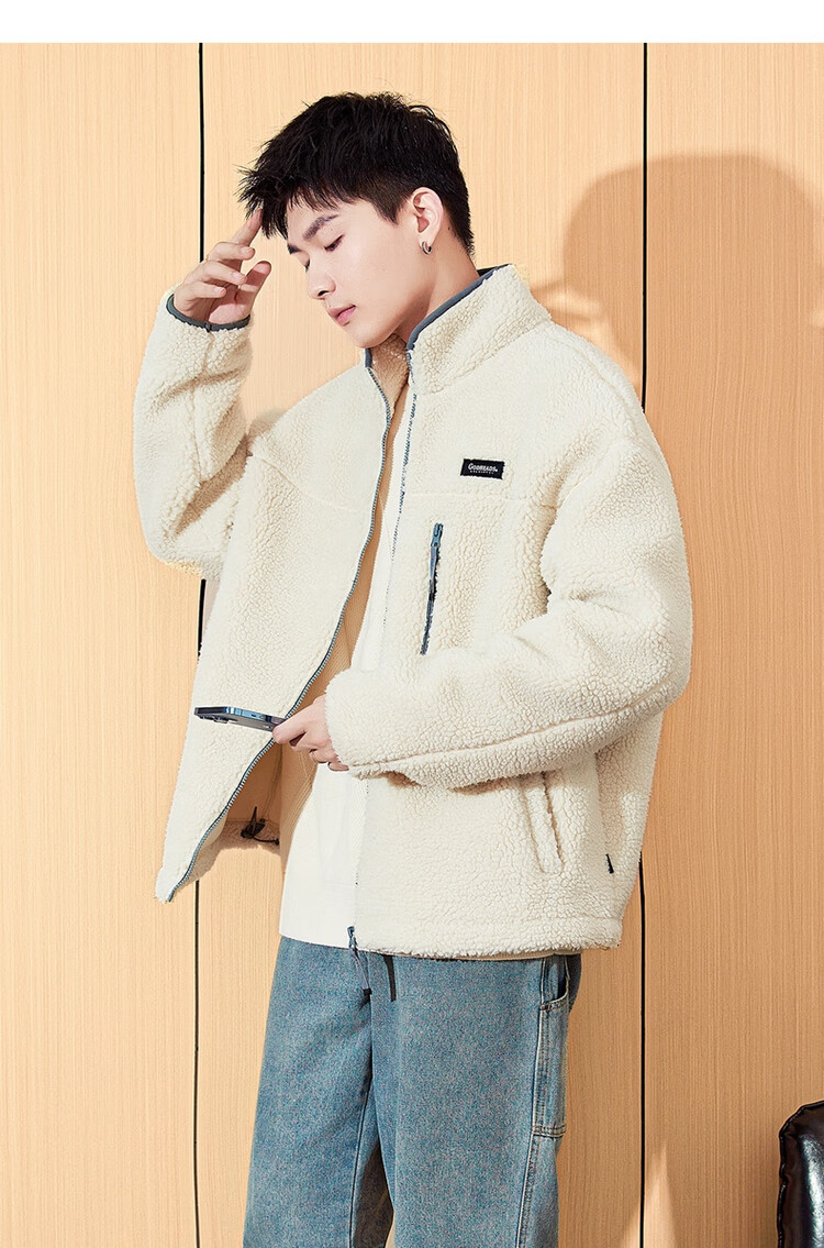TonLion Autumn And Winter Stand-Collar Front Chest Pocket Sleeve Small Label Relaxed Fleece-Like Lambswool Short Thick Coat 5