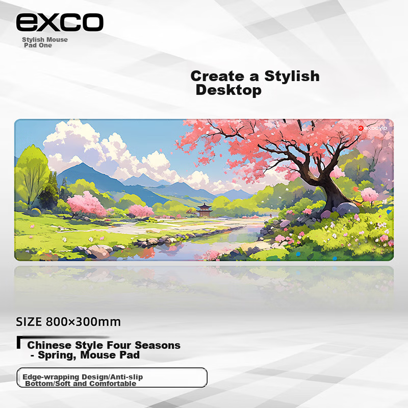 EXCO Chinese Style Four Seasons Mouse Pad, Extra Large Desk Mat, Computer Desk Office Gaming Cartoon E-Sports Anime Edge-Locked Keyboard Pad, 800*300mm, Spring 0290