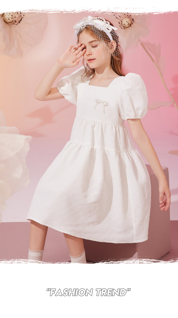 ASK JUNIOR Girls' Summer Dress with Puff Sleeves, Princess Style, Beach Vacation-Inspired White Dress 7