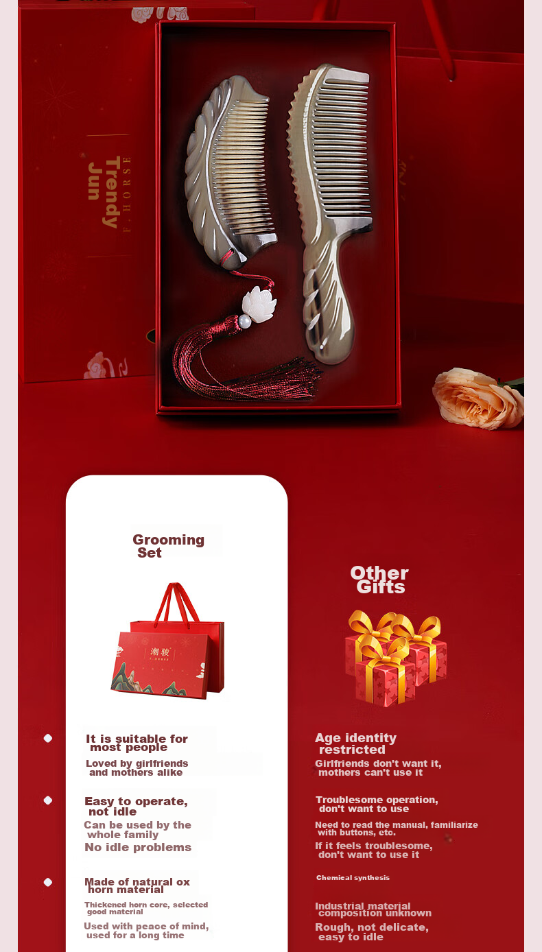 Chaojun Natural Authentic White Buffalo Horn Comb for Scalp Massage And Meridian Treatment, Mid-Autumn Festival Gift for Parents, Elders, Clients, High-End Practical Birthday Gift Box Set for Friends And Wife 4