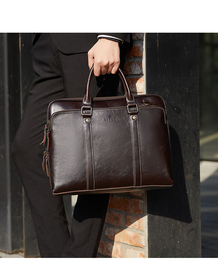 SANWA Imported Genuine Leather Briefcase Handbag for Men, Top-Grain Cowhide 14-Inch Business Laptop Bag, Shoulder Crossbody Bag 12
