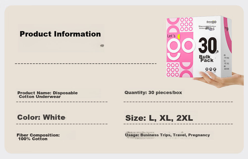 Freego Disposable Women's Underwear, Pure Cotton, Sterile, for Travel, Business Trips, Menstruation, Pregnant Women, Daily Disposable, No-Wash, Individually Wrapped, 30 Pieces, Size L 28