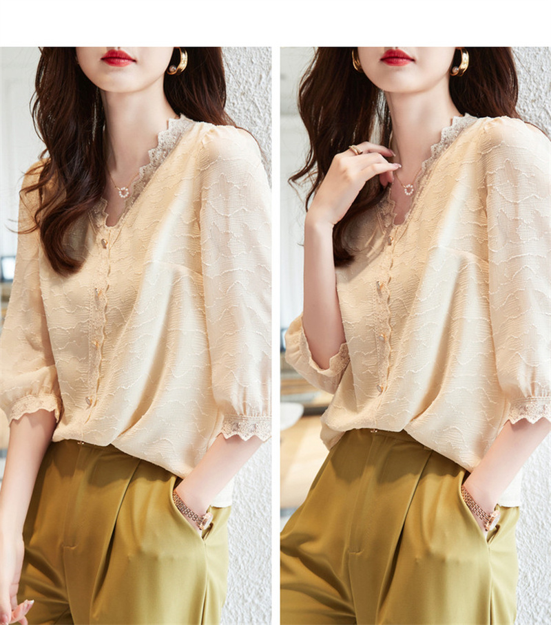 Dme [Long Time No See Series] Summer French Commuter V-Neck Jacquard Blouse, Three-Quarter Sleeve Lace Shirt, Women's Top 13